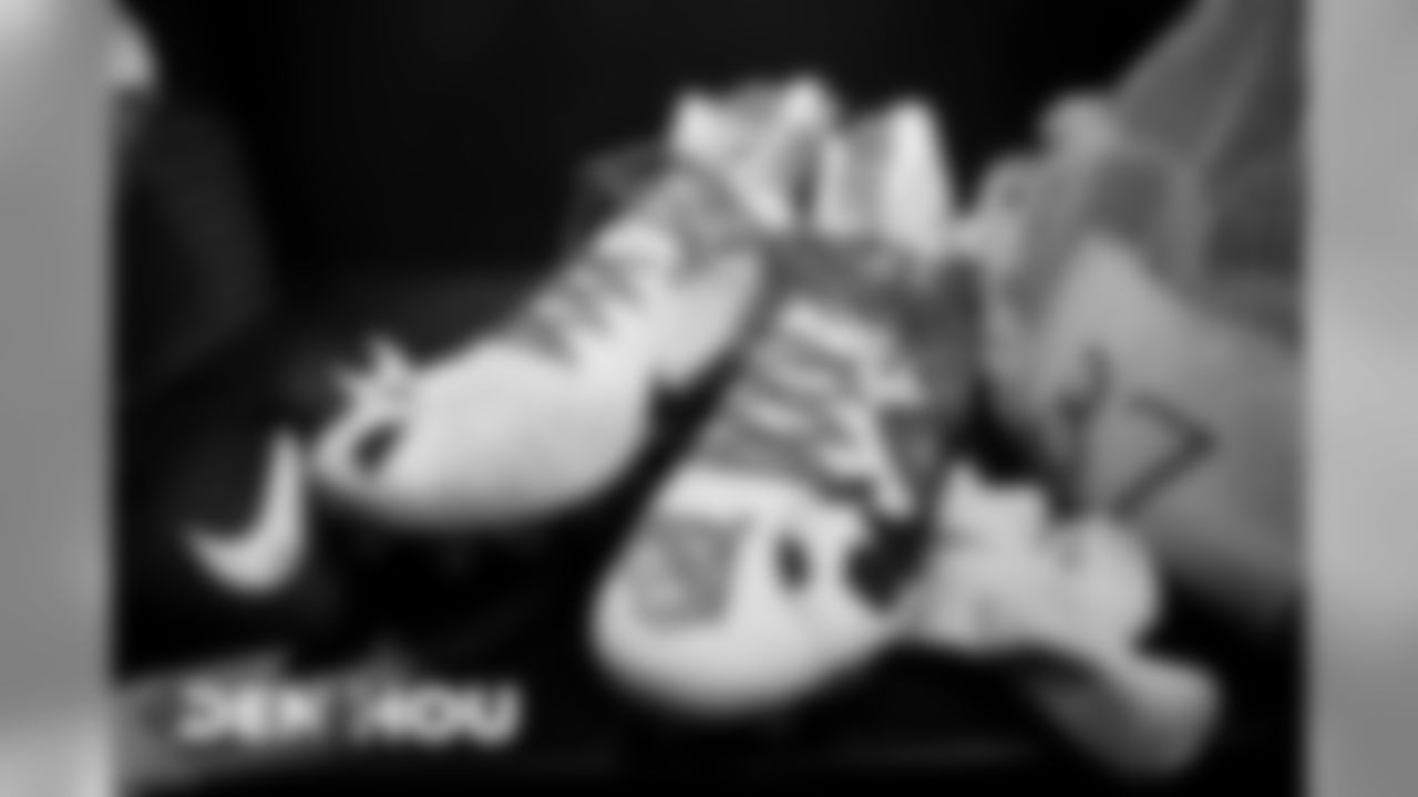 Noah Fant's custom shoes for My Cause My Cleats in the locker room before the Broncos' Week 14 game against the Houston Texans at NRG Stadium on December 8, 2019. (Photo by Ben Swanson)