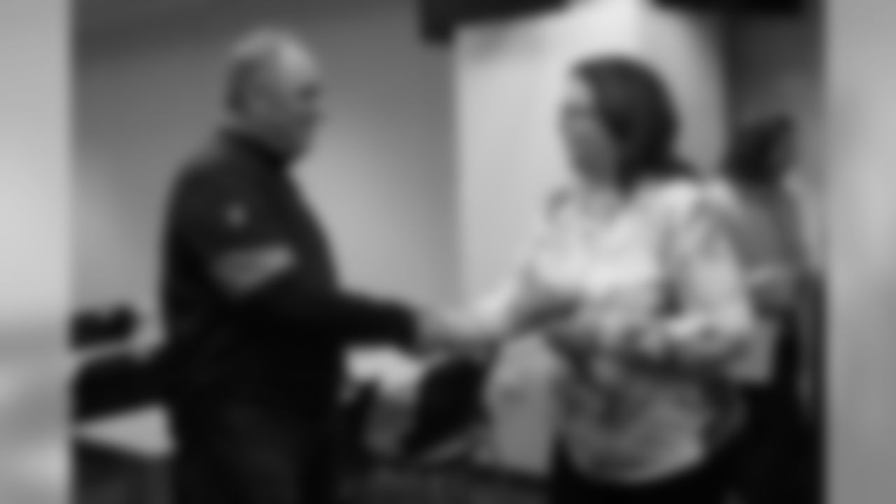Head Coach Vic Fangio greets a staff member during Fangio's visit to the Arapahoe County Sheriff's Office as part of Random Acts of Kindness Week on February 20, 2020 in Centennial, Colorado. (Photo by Ben Swanson/DenverBroncos.com)