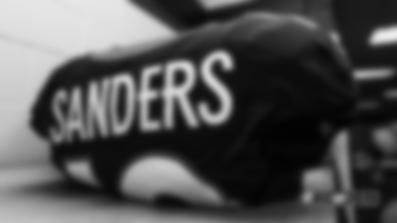 Emmanuel Sanders' jersey in the locker room pregame before the Broncos' Week 4 game against the Kansas City Chiefs at Broncos Stadium at Mile High on October 1, 2018.