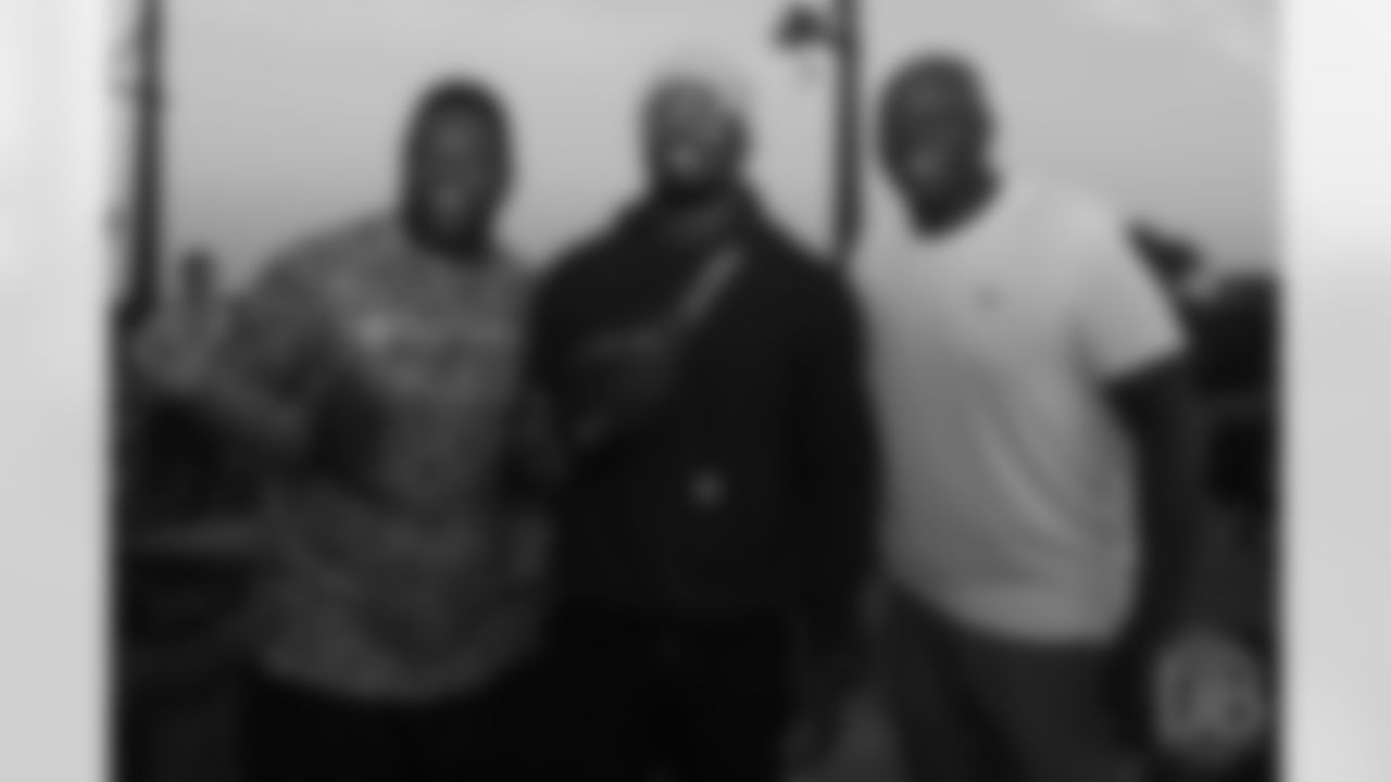 NFL legends Warren Sapp and Bruce Smith with Von Miller on the first day of Von Miller's Pass Rush Summit, which included a welcome session and a night of games on June 27, 2018.