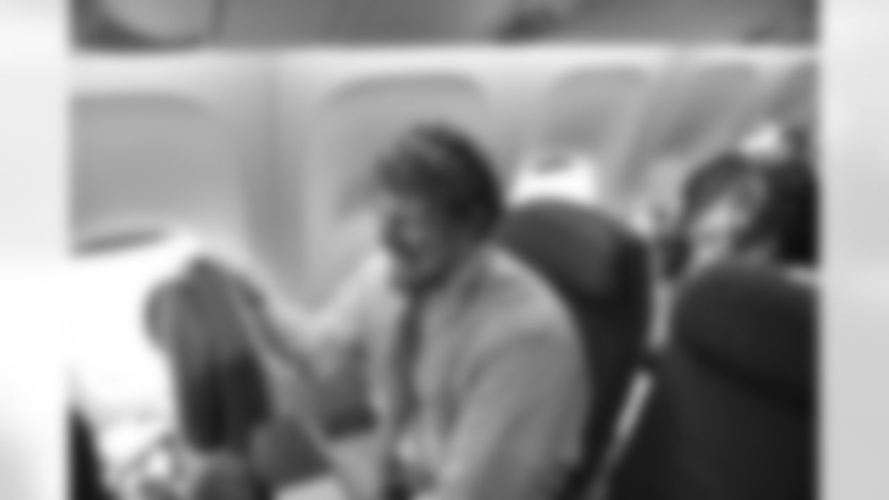 Matt Paradis during the Broncos' flight and travel on January 31, 2016 to Santa Clara, California, for Super Bowl 50. (© Eric Lars Bakke/ Denver Broncos)