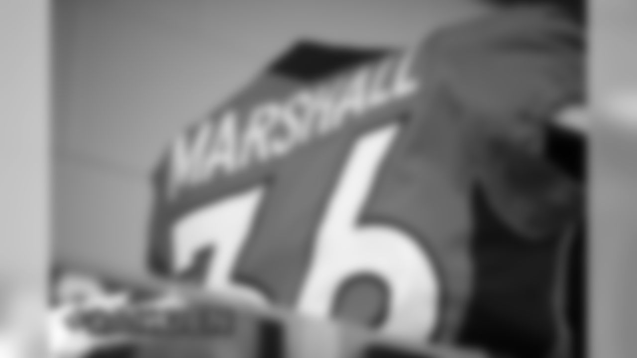 Trey Marshall's jersey in the locker room before the Denver Broncos' Week 17 game against the Oakland Raiders at Empower Field at Mile High on December 29, 2019. (Photo by Ben Swanson)
