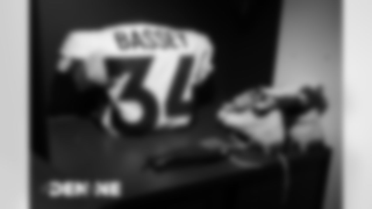 Essang Bassey's jersey and cleats in the locker room before the Broncos' Week 6 game against the New England Patriots at Gillette Stadium in Foxborough, Massachusetts, on October 18, 2020. (Photo by Ben Swanson)