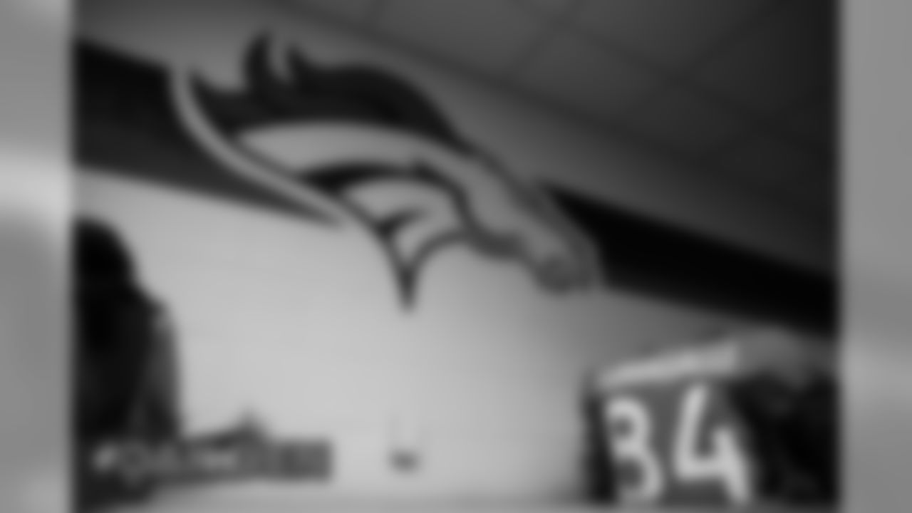 Troy Fumagalli's jersey in the locker room before the Denver Broncos' Week 17 game against the Oakland Raiders at Empower Field at Mile High on December 29, 2019. (Photo by Ben Swanson)