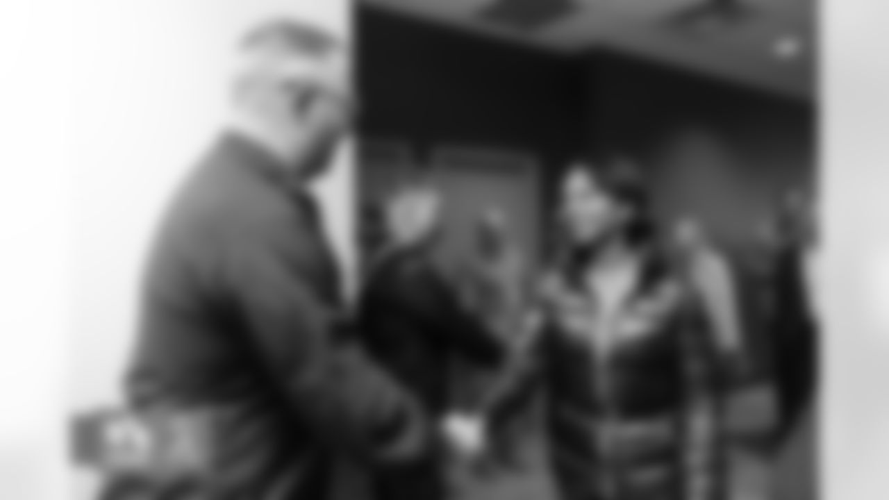 Condoleezza Rice greets military service members during a Salute to Service brunch before the Broncos' Week 11 game against the Las Vegas Raiders at Empower Field at Mile High in Denver, Colorado on November 20, 2022. (Photo by Ben Swanson)