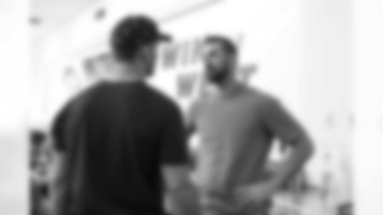 Eric Decker talks to Brandon McManus during a visit to UCHealth Training Center on Thursday, September 8, 2022.
Photo by Gabriel Christus/Denver Broncos