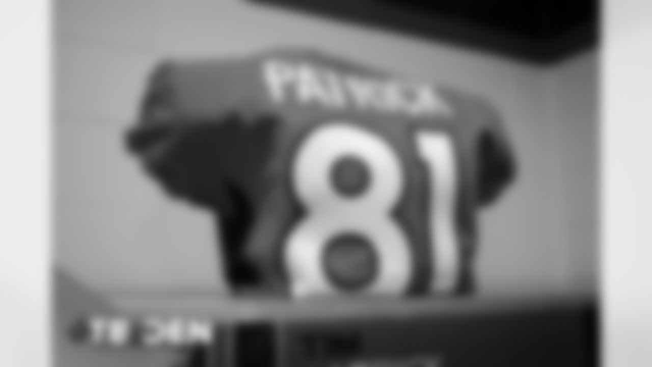 Tim Patrick's jersey in the locker room before the Broncos' Week 3 game against the Tampa Bay Buccaneers at Empower Field at Mile High on September 27, 2020. (Photo by Ben Swanson)