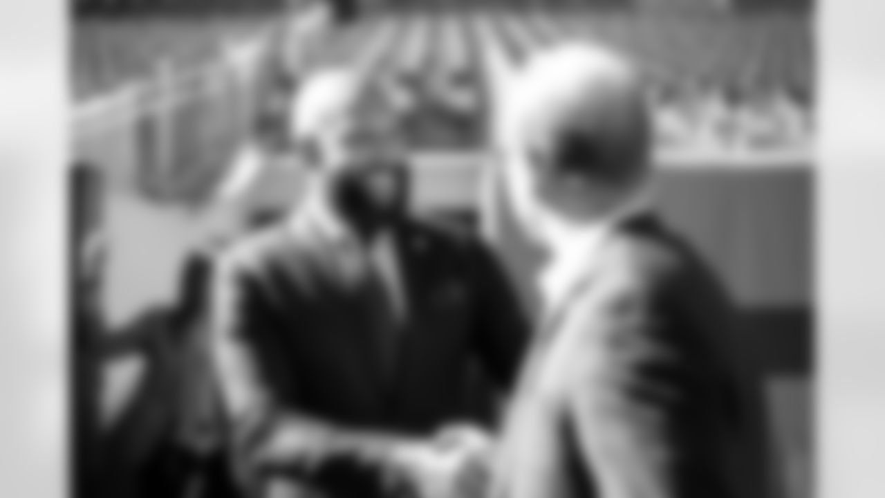 Stadium General Manager Jay Roberts talks with Tim Howard during a press conference to promote Denver's World Cup bid to be a host city at Empower Field at Mile High in Denver, Colorado on October 25, 2021. (Photo by Ben Swanson)