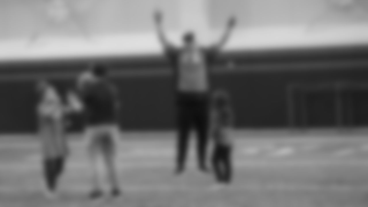 Garett Bolles celebrates a catch during a PLAY 60 All-Ability Clinic with Special Olympics Colorado for 125 athletes at UCHealth Training Center at May 7, 2019.
