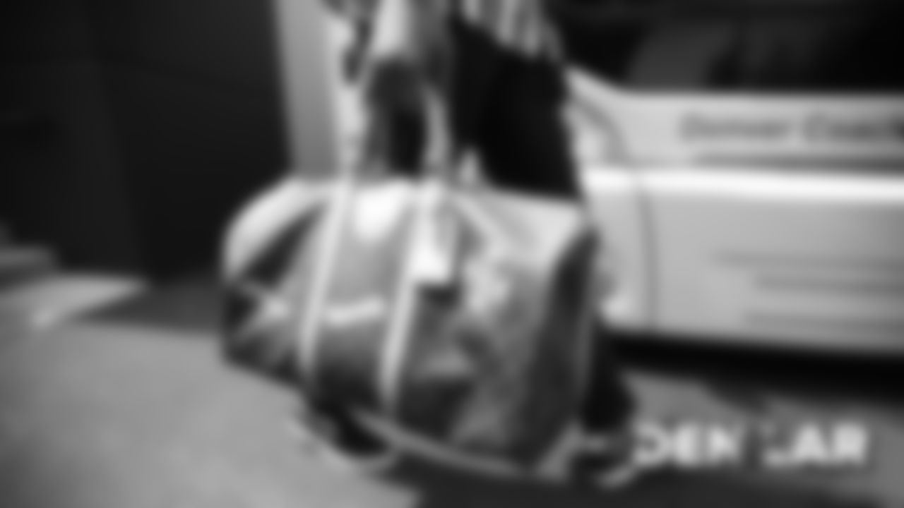 Tim Patrick's luggage during the walk to the team buses for the Broncos' travel to Los Angeles on August 23, 2019 ahead of their game against the Rams. (Photo by Ben Swanson)