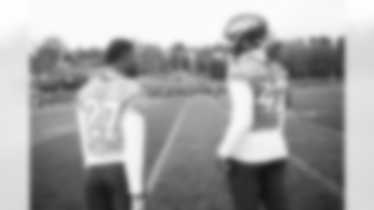 Damarri Mathis and Nik Bonitto during the Broncos' week of practice at Harrow School in London, England in the United Kingdom. This image is part of the Broncos' film series documenting the team's trip to London. (Photo by Ben Swanson)