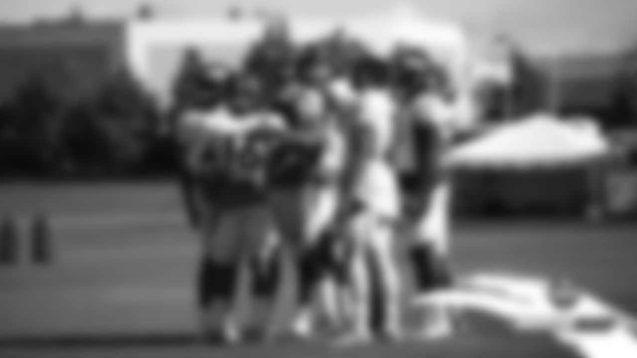 The wide receivers, including DaeSean Hamilton (at center) at practice on Day 5 of training camp on July 22, 2019.