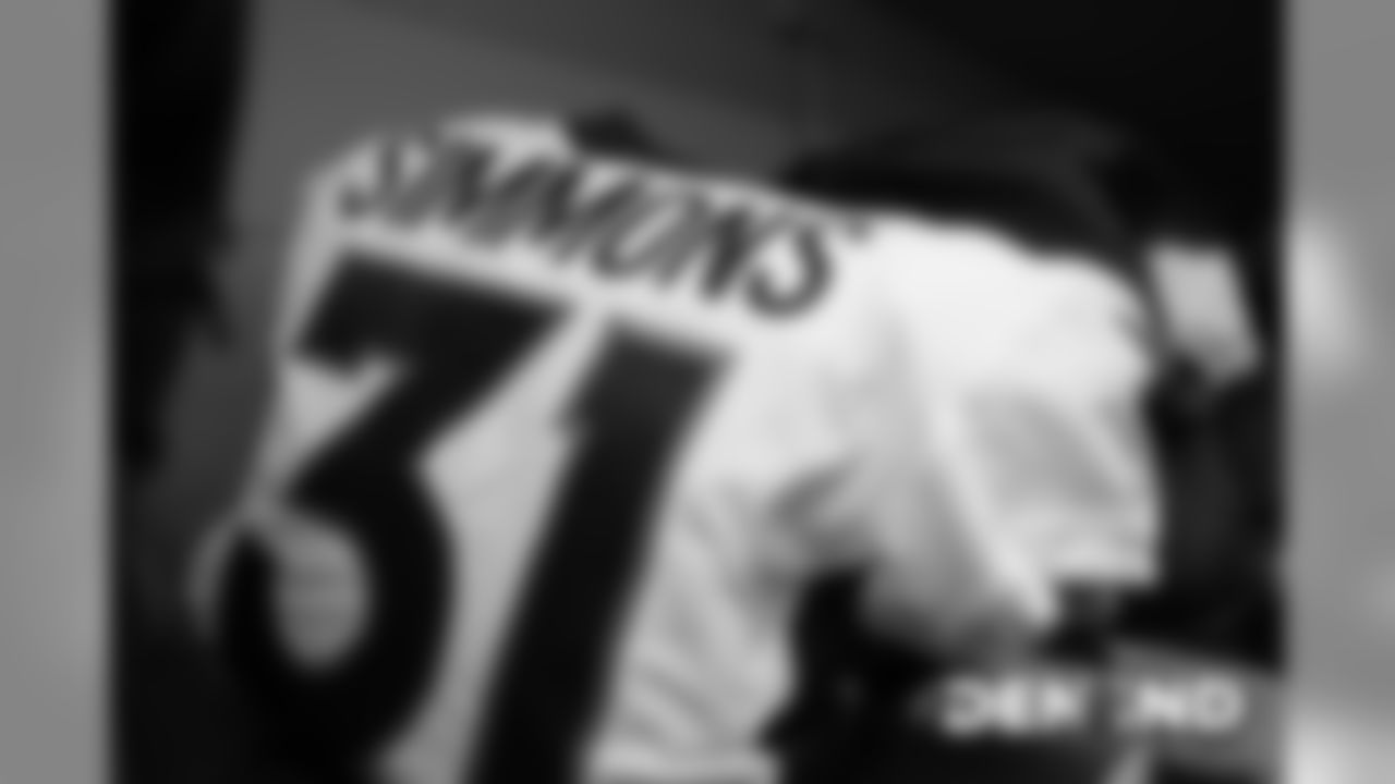 Justin Simmons's jersey in the visiting locker room for the Broncos' game against the Indianapolis Colts at Lucas Oil Stadium on October 27, 2019. (Photo by Ben Swanson)