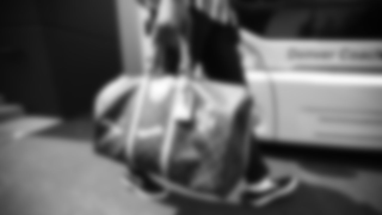 Tim Patrick's luggage during the walk to the team buses for the Broncos' travel to Los Angeles on August 23, 2019 ahead of their game against the Rams. (Photo by Ben Swanson)