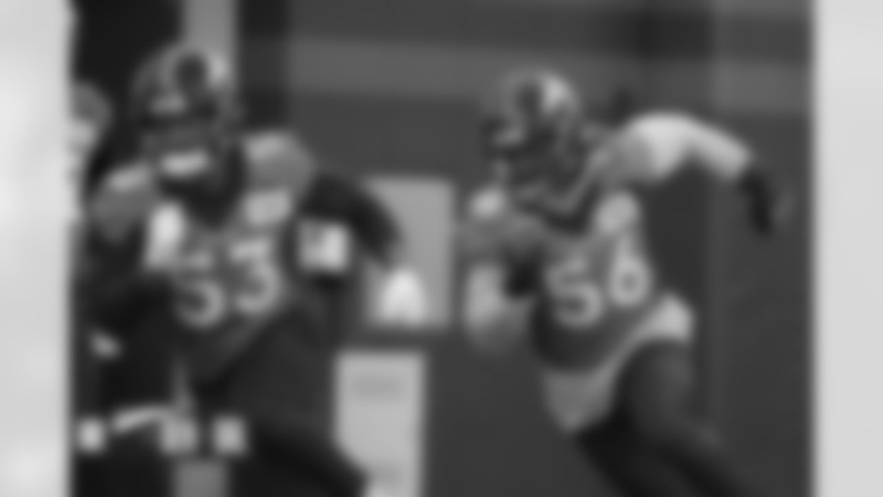 Jonathon Cooper and Baron Browning during practice on Friday, December 2, 2022 at UCHealth Training Center in Englewood, Colorado.
Photo by Amanda Gerlach/Denver Broncos