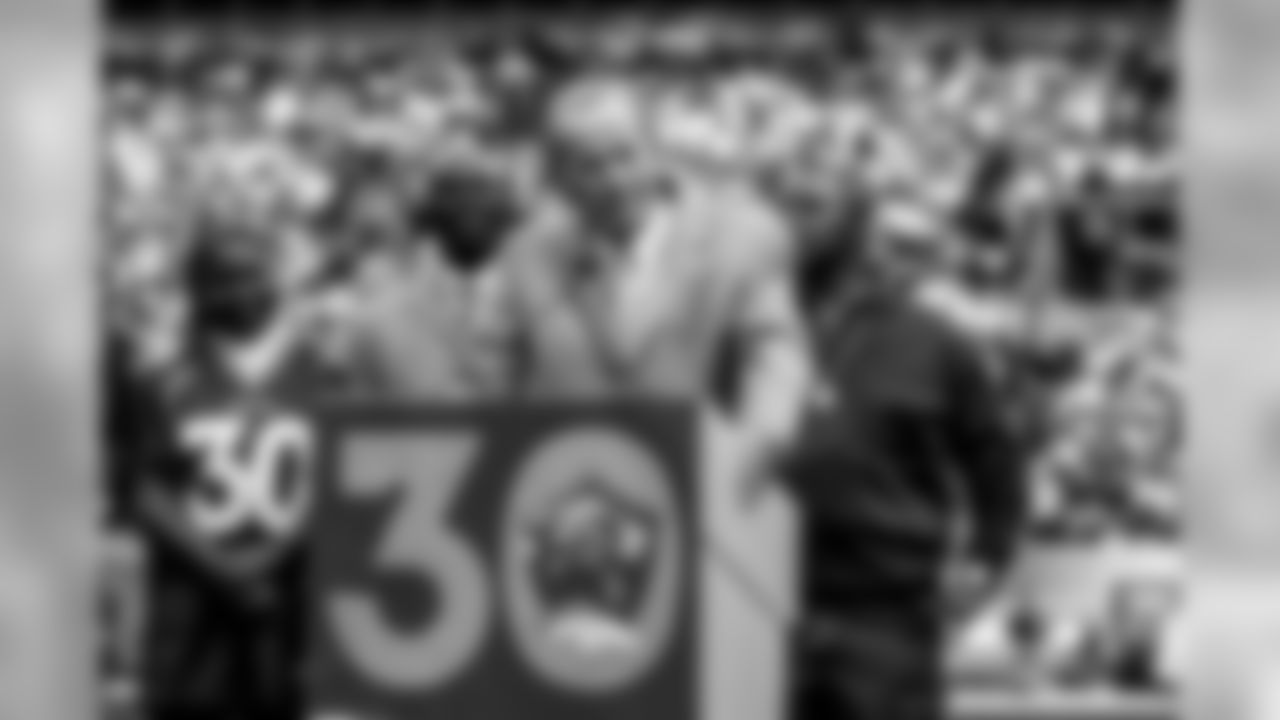 Broncos Owner Pat Bowlen speaks about Terrell Davis during ceremonies for Davis's induction into the Ring of Fame at Invesco Field at Mile High.