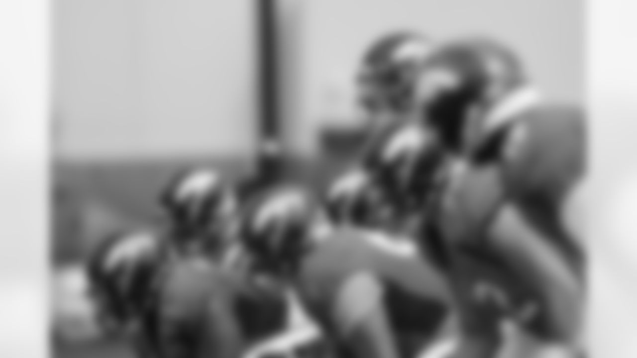 Drew Lock looks across the line of scrimmage just before a play during practice on Day 11 of training camp at UCHealth Training Center on August 28, 2020. (Photo by Ben Swanson)