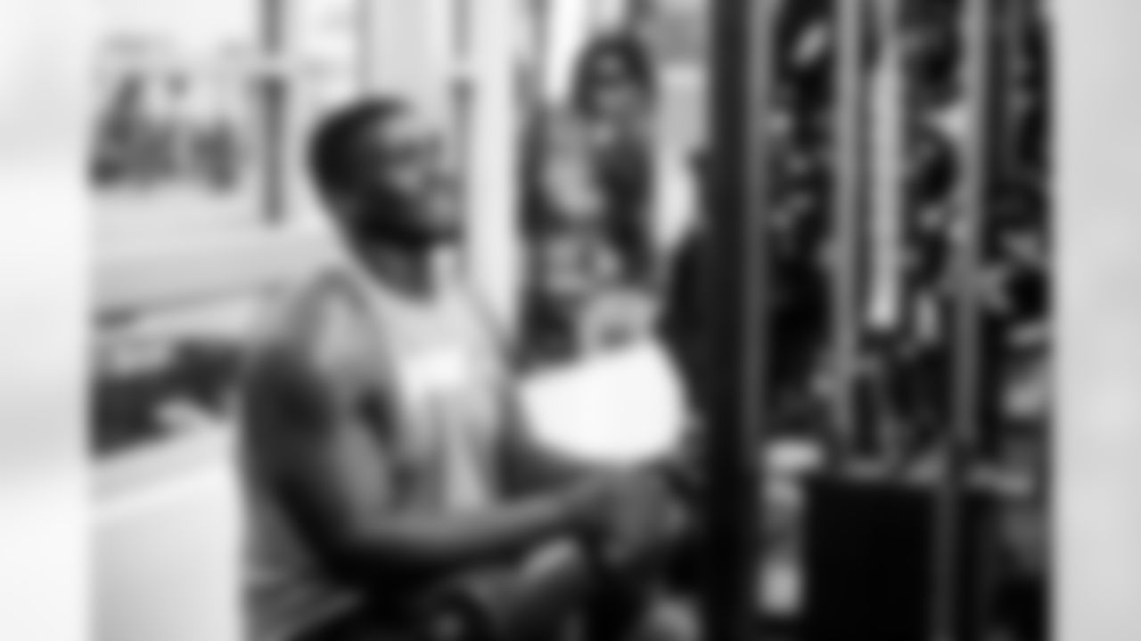 Lloyd Cushenberry III during a video shoot in the weight room for the season hype video at UCHealth Training Center on July 13, 2021. (Photo by Ben Swanson)