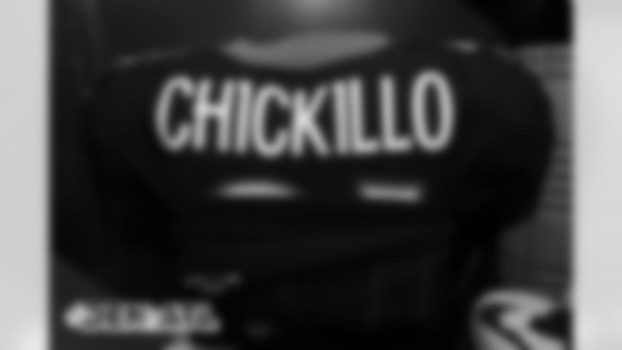 Anthony Chickillo's jersey in the locker room before the Broncos' Week 9 game against the Atlanta Falcons at Mercedes-Benz Stadium in Atlanta, Georgia. (Photo by Gabriel Christus)