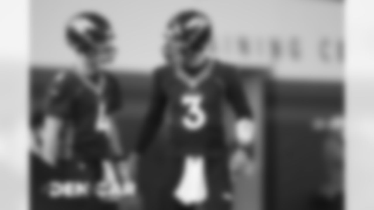 Drew Lock and Brett Rypien action during practice at UCHealth Training Center in Centennial, CO, December 11, 2020.
Photo by Gabriel Christus