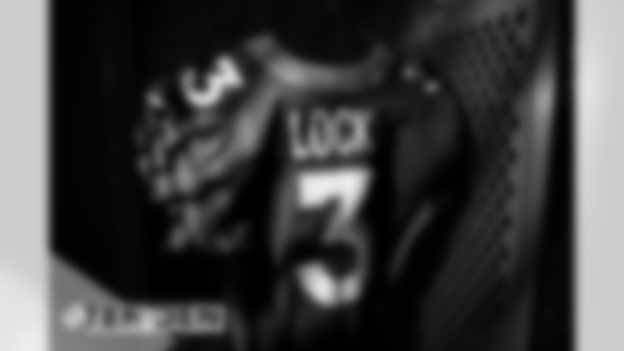 Drew Lock's jersey during a photoshoot of select players' blue alternate jerseys on September 11, 2020. (Photo by Ben Swanson)
