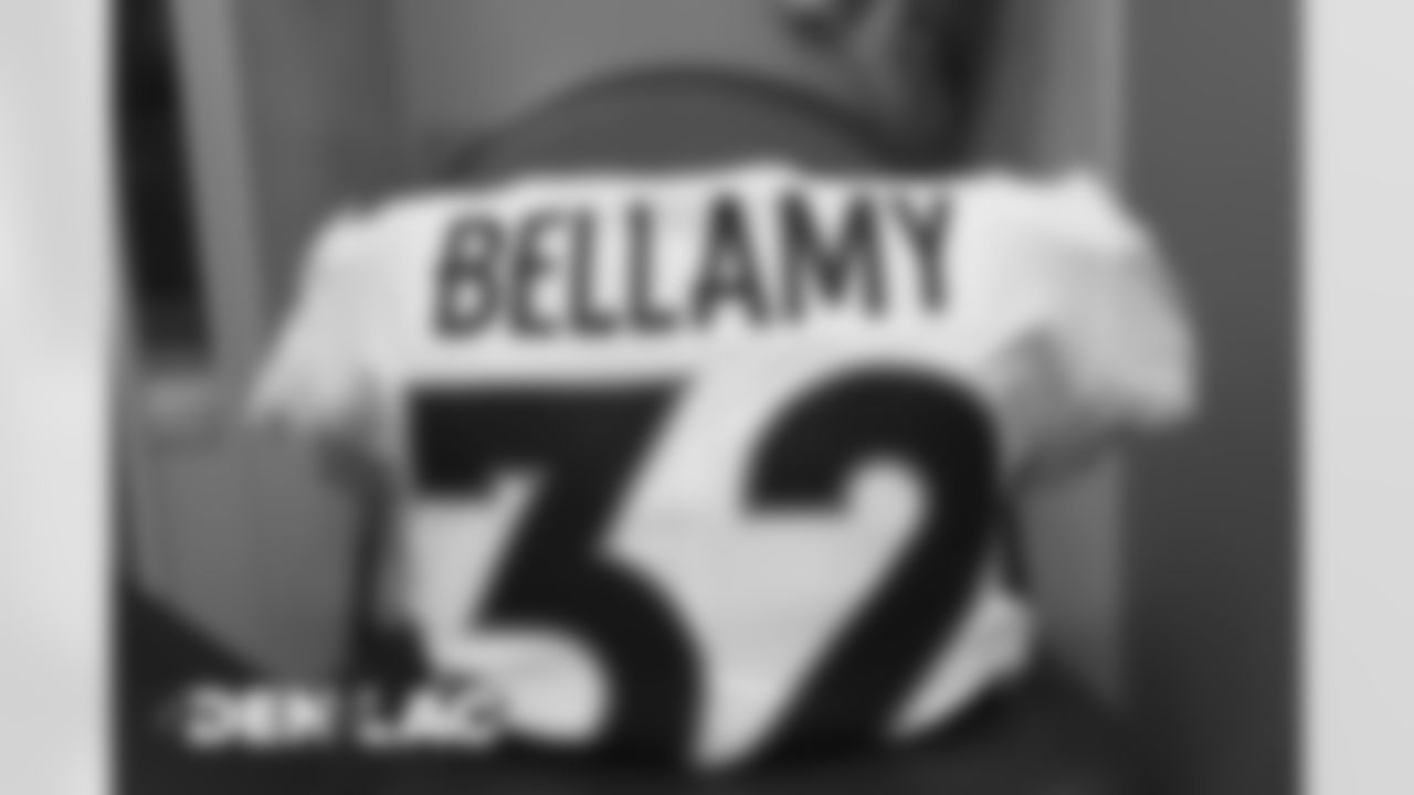LeVante Bellamy's jersey in the locker room before the Broncos' Week 16 game against the Los Angeles Chargers at SoFi Stadium in Inglewood, California. (Photo by Gabriel Christus)
