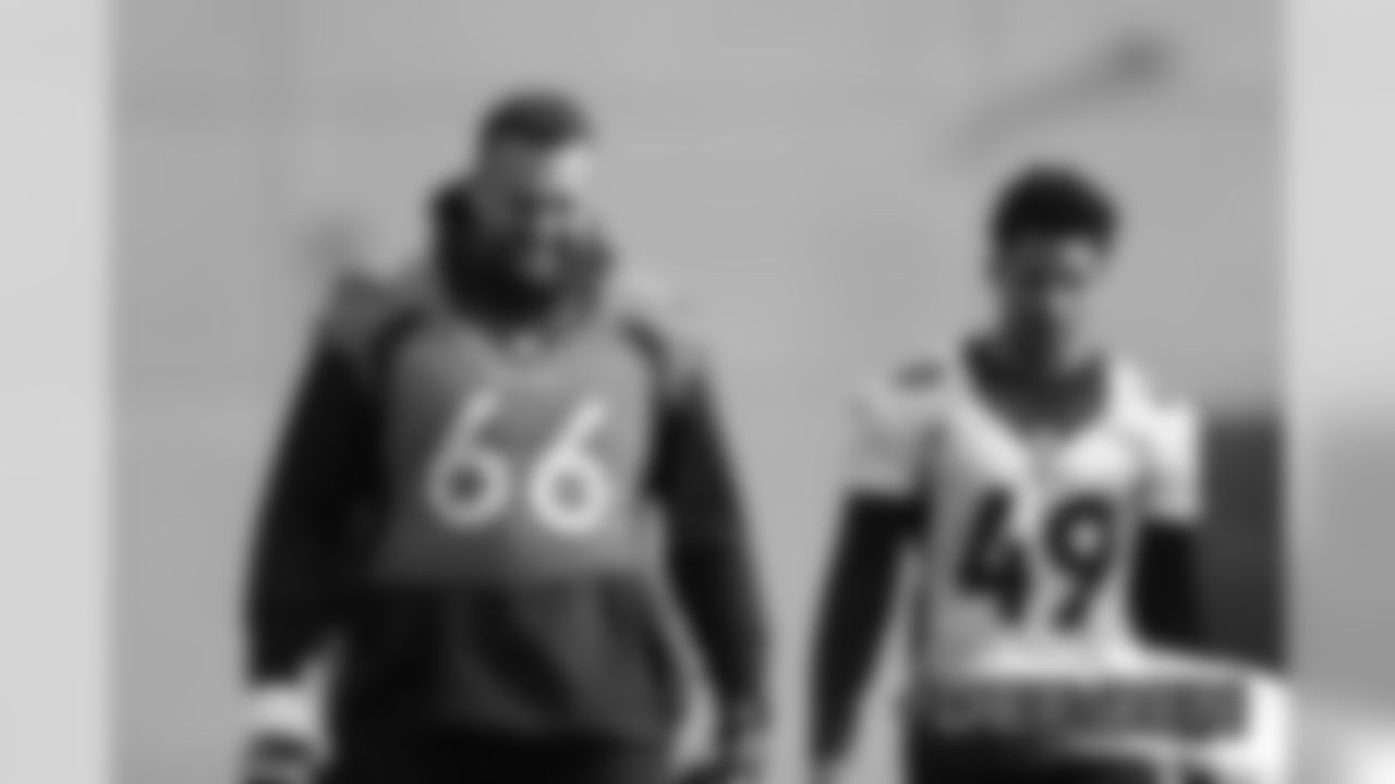 Dalton Risner and Alijah Holder action during practice at UCHealth Training Center in Centennial, CO, December 19, 2019.
Photo by Gabriel Christus