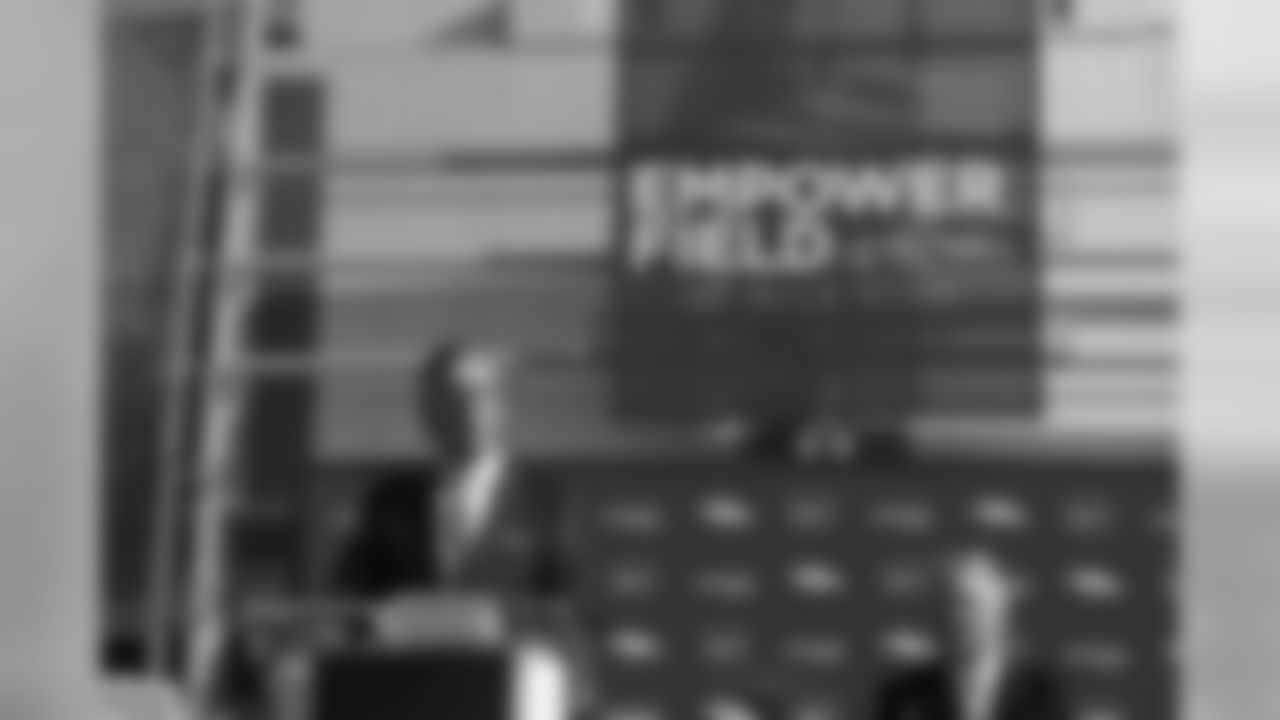 Ed Murphy and Joe Ellis during a press conference announcing Empower Retirement buying the naming rights at Empower Field at Mile High in Denver, CO, September 05, 2019.
Photo by Gabriel Christus