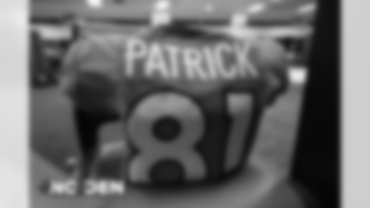 Tim Patrick's jersey in the locker room before the Broncos' Week 12 game against the New Orleans Saints at Empower Field at Mile High on November 29, 2020. (Photo by Ben Swanson)