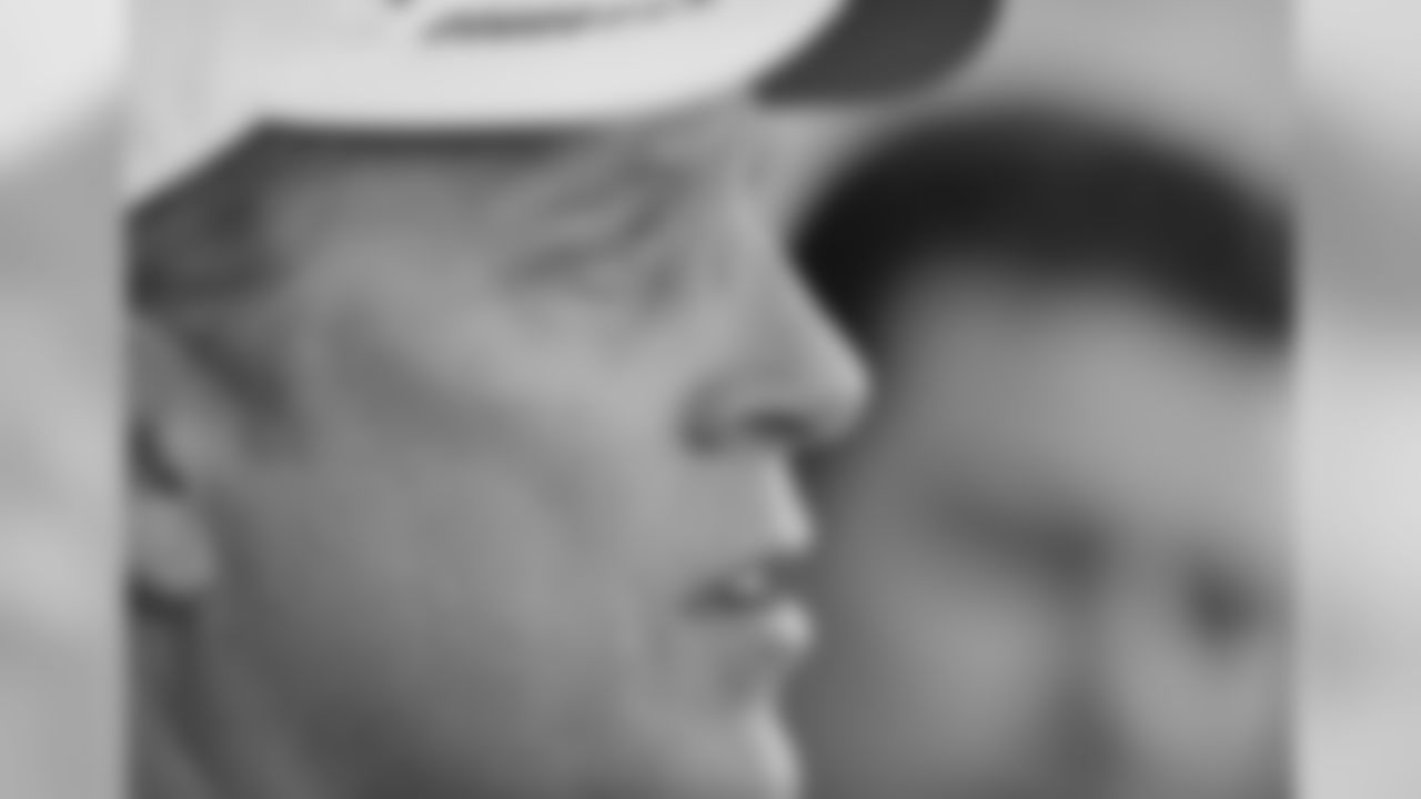 Defensive Coordinator Jack Del Rio talks to the press after practice.