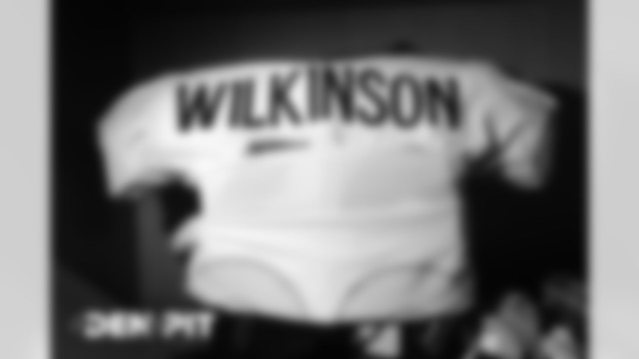 Elijah Wilkinson's jersey and pads in the locker room before the Broncos' Week 2 game against the Pittsburgh Steelers at Heinz Field in Pittsburgh, Pennsylvania, on September 20, 2020. (Photo by Ben Swanson)