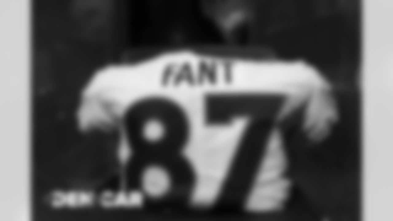 Noah Fant's jersey in the locker room before the Broncos' Week 14 game against the Carolina Panthers at Bank of America Stadium in Charlotte, North Carolina. (Photo by Gabriel Christus)