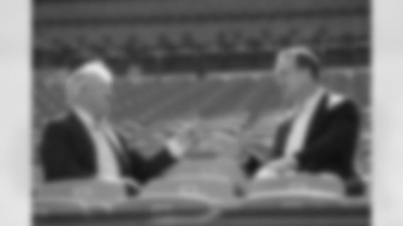 John Elway sits down with Peyton Manning for an interview in the stands during the taping of an episode of Peyton's Places at Empower Field at Mile High on June 26, 2020. (Photo by Ben Swanson)