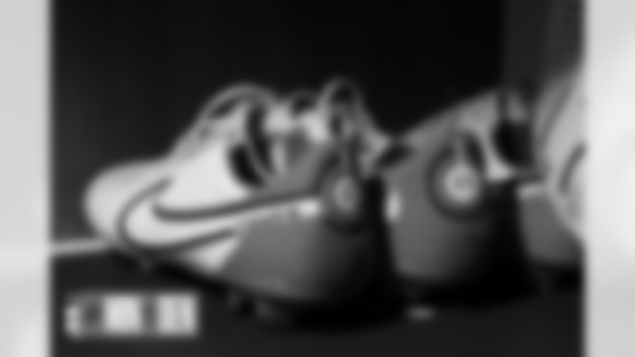 Corliss Waitman's cleats in the locker room before the Broncos' preseason Week 3 game against the Minnesota Vikings at Empower Field at Mile High in Denver, Colorado on August 27, 2022. (Photo by Ben Swanson)