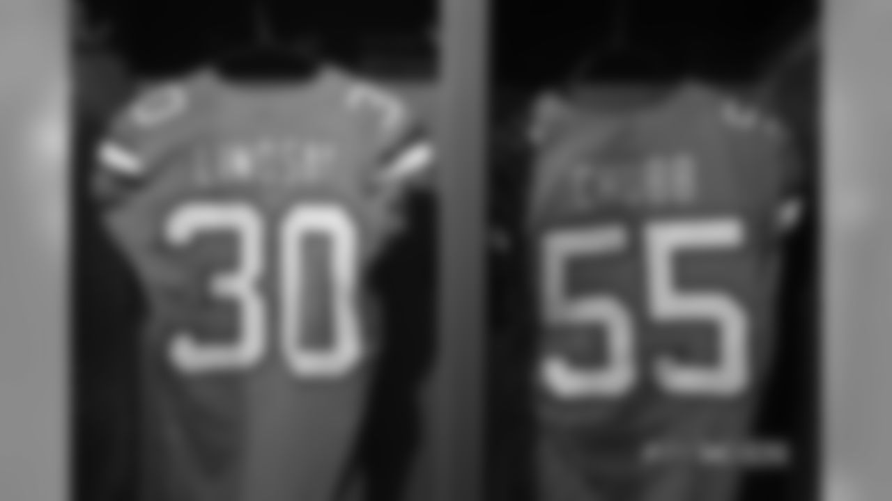 A close-up look at the Broncos' Color Rush jerseys during a photoshoot on November 20, 2018.