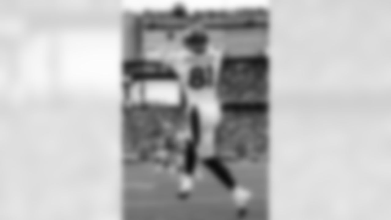 TE Joel Dreessen looks the ball into his hands during the first half against the New England Patriots.