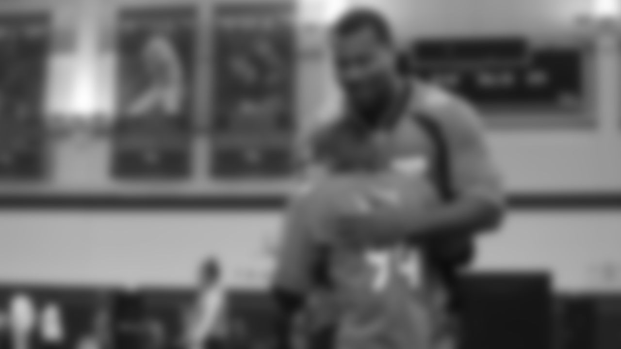 Bradley Chubb hugs an athlete during a PLAY 60 All-Ability Clinic with the National Sports Center for the Disabled for 200 athletes at UCHealth Training Center at April 30, 2019.
