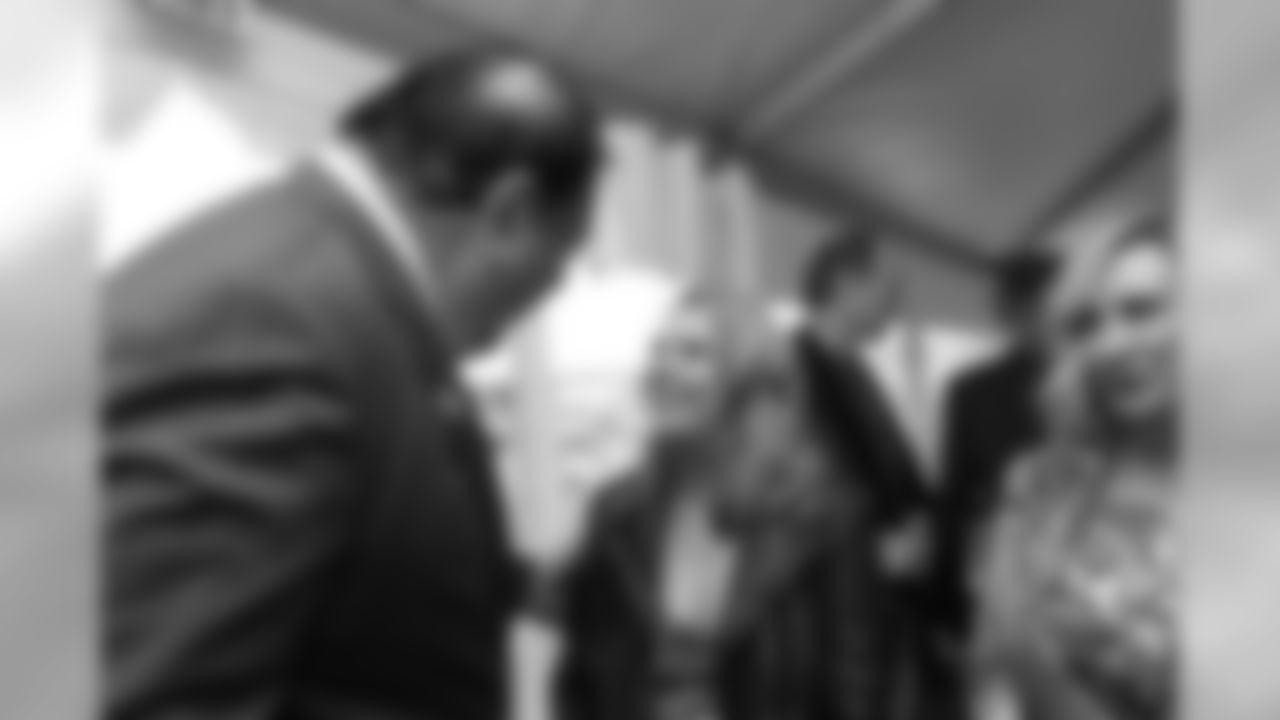 Pro Football Hall of Fame President and CEO David Baker greets Christianna Bowlen at the Broncos' Ring of Fame and Fantennial event recognizing the Broncos Top 100 Team on October 11, 2019 at Empower Field at Mile High. (Photo by Gabriel Christus)