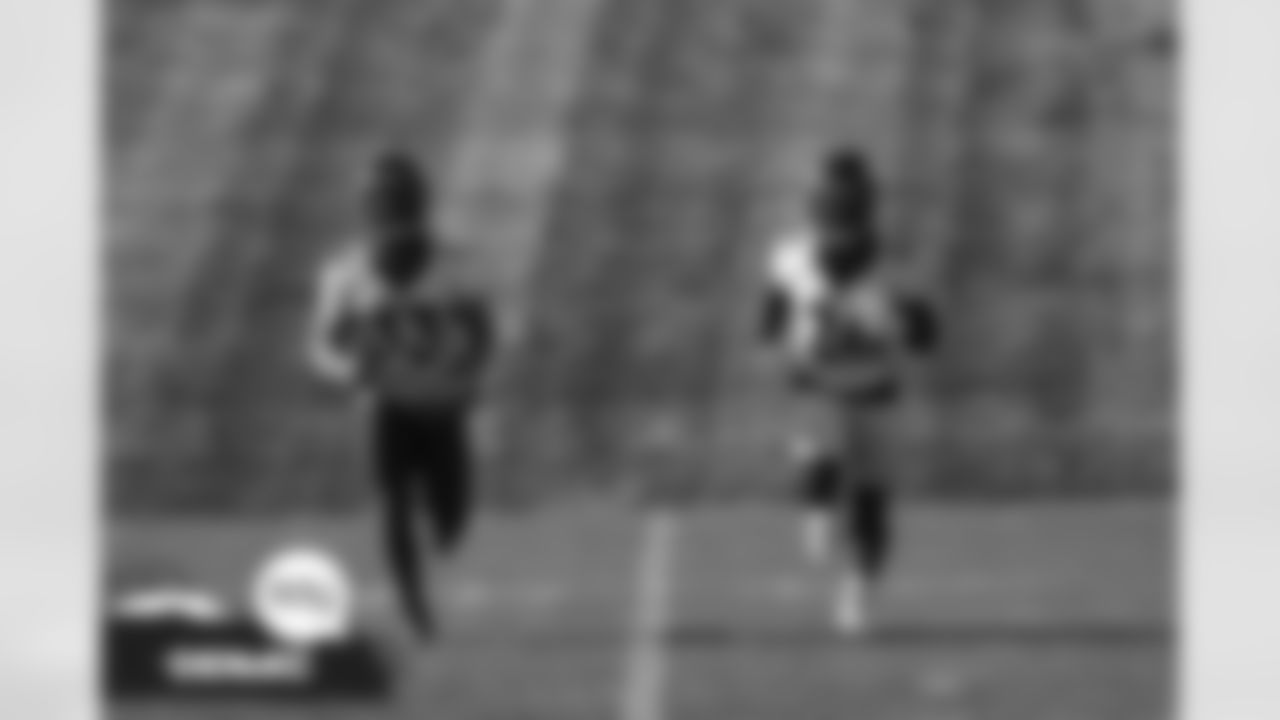 Javonte Williams and Mike Boone at practice at UCHealth Training Center in Englewood, Colorado on December 3, 2021 (Photo by Sam Weaver)
