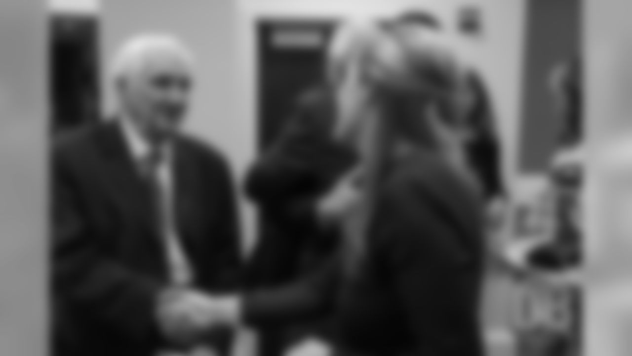 Brittany Bowlen greets Gil Brandt after the announcement of the Pro Football Hall of Fame's Class of 2019 on February 2, 2019.