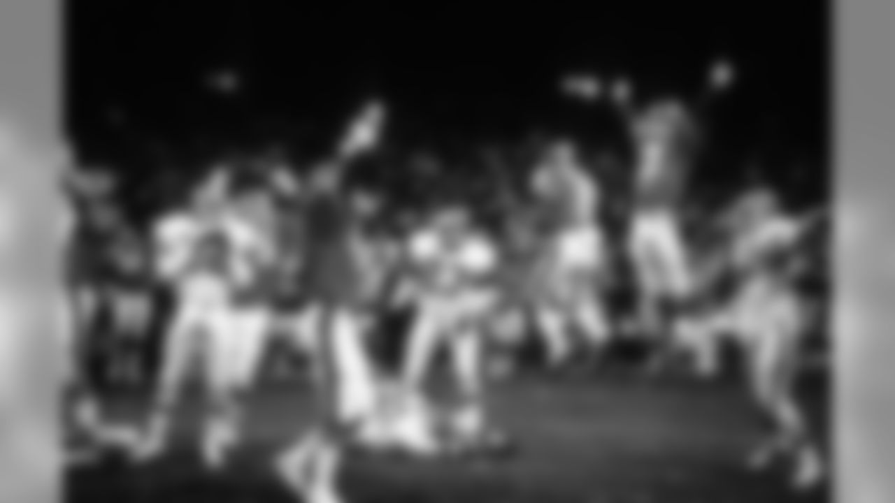Kicker Rich Karlis (3) jumps in celebration after kicking the winning 33-yard field goal at 5:48 of overtime to give the Broncos a 23-20 victory over the Cleveland Browns in the 1986 AFC Championship Game on January 11, 1987 at Cleveland Municipal Stadium in Cleveland, Ohio. (AP Photo/Vernon Biever)