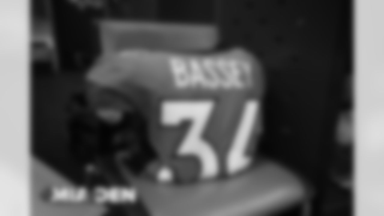 Essang Bassey's jersey in the locker room before the Broncos' Week 11 game against the Miami Dolphins at Empower Field at Mile High in Denver, Colorado on November 22, 2020. (Photo by Ben Swanson)