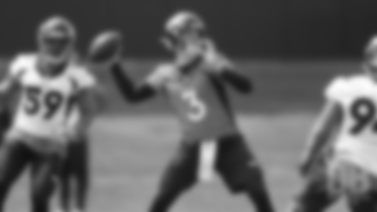 Quarterback Drew Lock during the first day of rookie minicamp practice on May 10, 2019.
