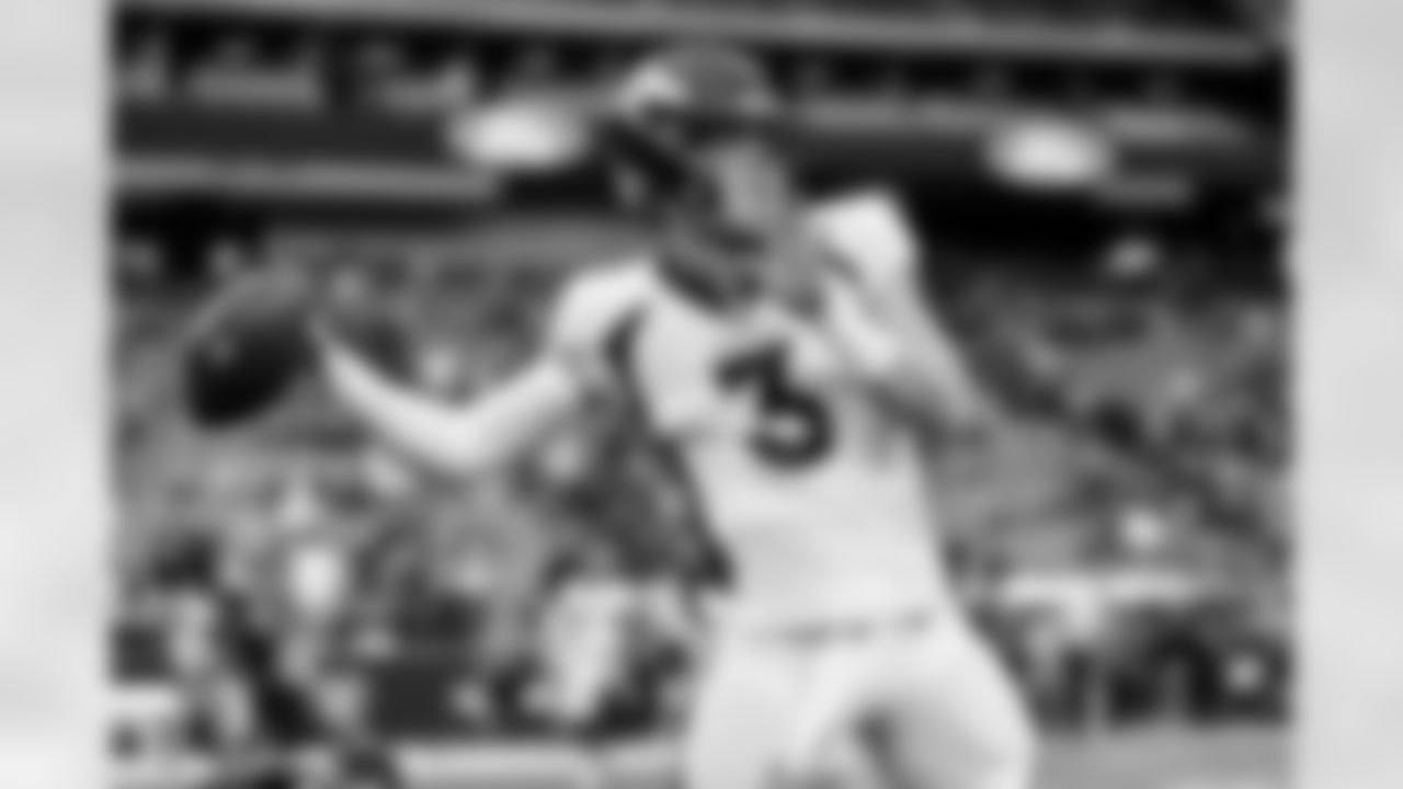 Drew Lock before the Broncos' Week 16 game against the Las Vegas Raiders at Allegiant Stadium in Las Vegas, Nevada on December 26, 2021. (Photo by David Dermer)