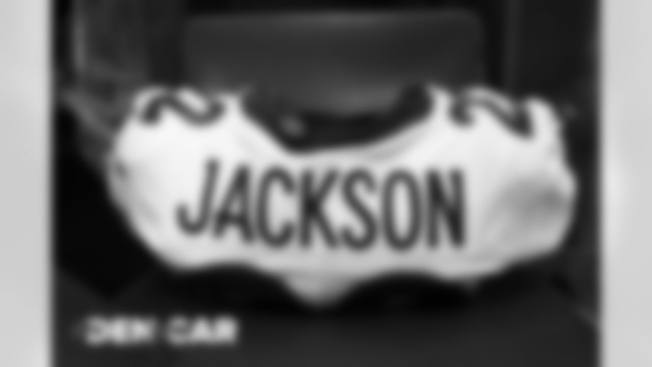 Kareem Jackson's jersey in the locker room before the Broncos' Week 14 game against the Carolina Panthers at Bank of America Stadium in Charlotte, North Carolina. (Photo by Gabriel Christus)