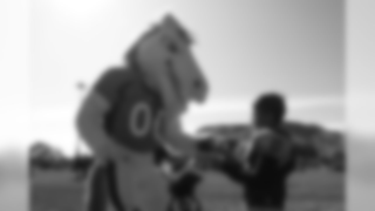Miles the mascot signs autographs at a Youth Football Festival hosted by the Broncos in partnership with Jefferson County Youth Football Association as part of the team's Fantennial Weekend on October 12, 2019. (Photo by Aly McClaran)