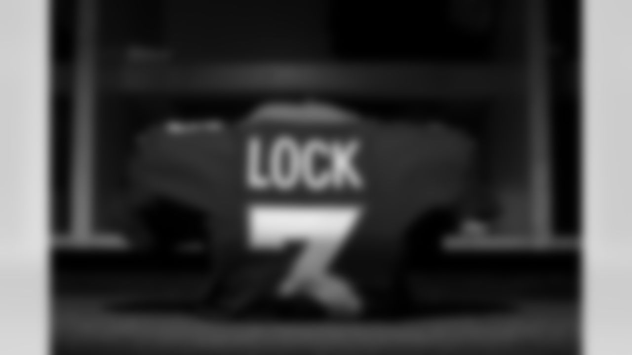 Drew Lock's jersey in the locker room before the Broncos' Week 18 game against the Kansas City Chiefs at Empower Field at Mile High in Denver, Colorado on January 8, 2022. (Photo by Ben Swanson)