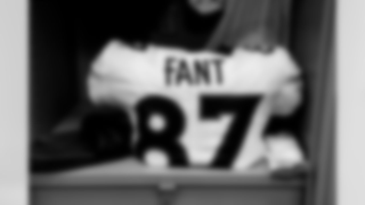Noah Fant's jersey in the locker room before the Broncos' Week 1 game against the New York Giants at MetLife Stadium in East Rutherford, New Jersey, on September 12, 2021. (Photo by Joe Abdellah)