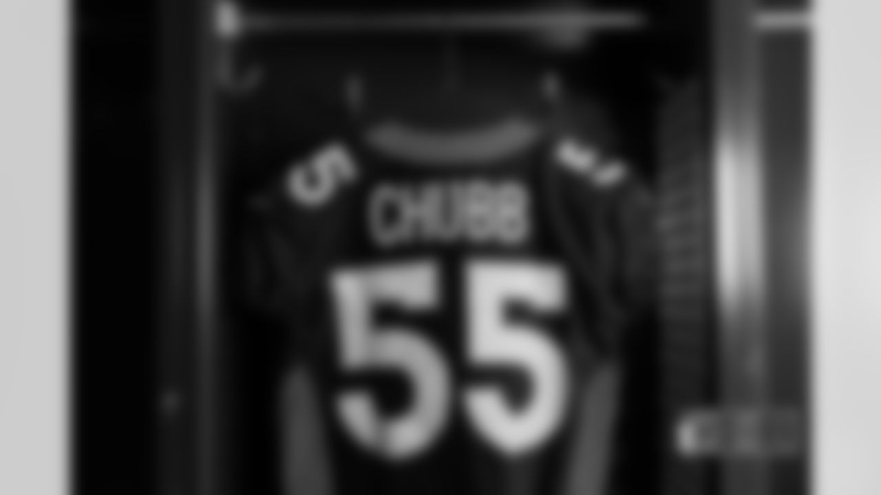 Bradley Chubb's blue alternate uniform at UCHealth Training Center on September 21, 2022. (Photo by Ben Swanson)