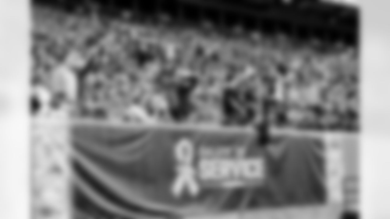 Salute to Service signage during the Broncos' Week 10 game against the Philadelphia Eagles at Empower Field at Mile High in Denver, Colorado on November 14, 2021. (Photo by Eric Lars Bakke)